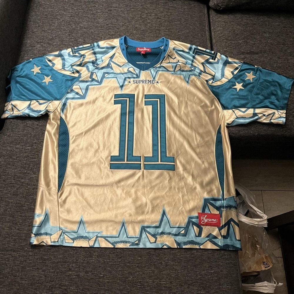 Supreme Shirt Mens XL Blue Gold 11 Stars Mesh Football Jersey Top Graphic
